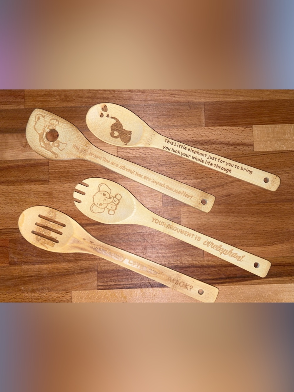 Engraved Elephant Bamboo Spoon Set - Natural Wood